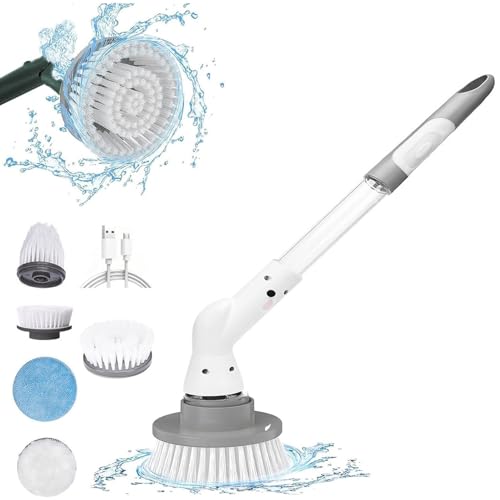 Electric Spin Scrubber,Cordless Spin Scrubber with 4 Replaceable Brush Heads and Adjustable Extension Handle,Power Cleaning Brush for Bathroom Floor Tile,Cordless Shower Scrubber Shower Cleaning Brus - color: White