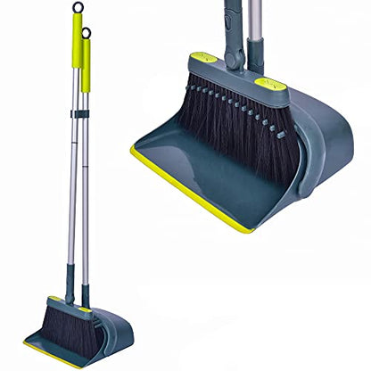 Broom and Dustpan Set for Home with 54" Long Handle, Upright and Lightweight Dust pan and Brush Combo for Kitchen Room Office Lobby Floor Cleaning, Dark Green - color: Green