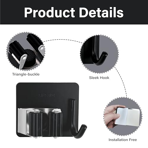 5 Pack Mop and Broom Holder Wall Mount, Stainless Steel Mop and Broom Hanger with Hooks, Mop Broom Organizer for Closet Laundry Garage Garden Tool Organizer (Black) - color: Black