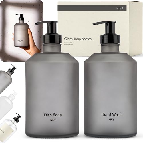 KIVY Glass Soap Dispenser Set [INCL. Waterproof Labels] - Glass Soap Dispenser with Pump - Hand Soap and Dish Soap Set - for Kitchen, Shower & Bathroom - Refillable (Matte Black) - color: Matte Black