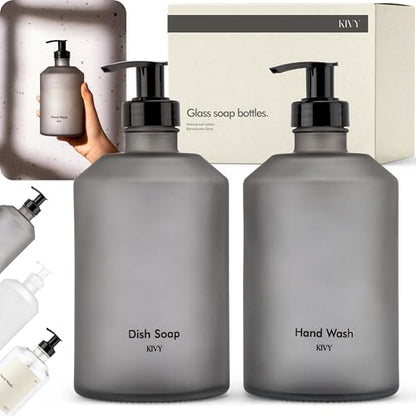 KIVY Glass Soap Dispenser Set [INCL. Waterproof Labels] - Glass Soap Dispenser with Pump - Hand Soap and Dish Soap Set - for Kitchen, Shower & Bathroom - Refillable (Matte Black) - color: Matte Black