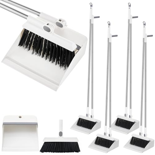 Suclain 4 Set 8 Pcs Broom and Dustpan Set 47 Inch Long Handle Brooms for Sweeping Indoor Household Dustpans for Indoor Outdoor Kitchen Floor - color: White