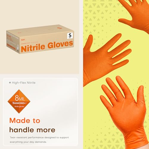 SUPER+ HEAVY DUTY Nitrile Gloves 8 Mil Diamond Texture Disposable Chemical Resistant Powder &Latex Free Food Safe Orange 50Ct - color: Smal (Orange)