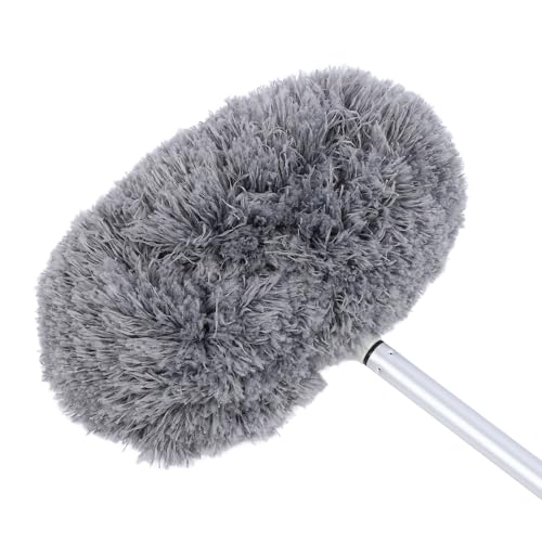 Ceiling Fan Duster with Extension Pole, 360 Degree Rotation Extra Long Round Duster Washable Cobweb Brush for Outdoor Indoor (Grey) - color: Gray