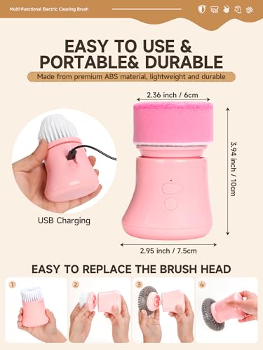 Pink Electric Spin Scrubber, Cordless Handheld Dish Scrubber Brush for Kitchen & Bathroom, Power Scrubber for Cleaning Sink, Grout, Shower, Aesthetic Pink Kitchen Accessories & Supplies