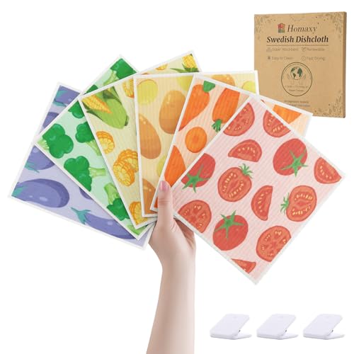 Homaxy Swedish Dishcloths for Kitchen, 6 Pack Vegetable Reusable Paper Towels with Clips, Absorbent Cellulose Sponge Dish Cloths for Washing Dishes, Non-Scratch & Odor-Free Dish Rags - color: Vegetable, size: 6 PACK