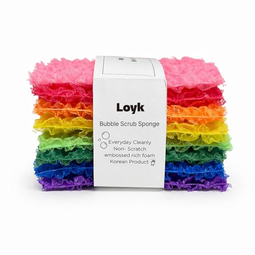 Kitchen Scrub Sponge 8 Pack — LOYK Non-Scratch Dish Sponge, Korean Bubble Mesh, Rich Foam Reusable Cleaning Scrubber for Dishes Pots Pans, Multicolor Set