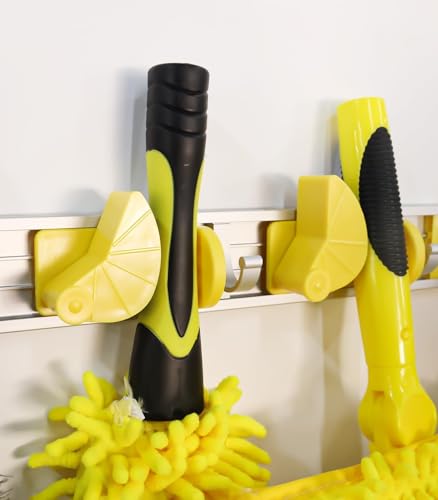Wall-Mounted Mop and Broom Holder Storage Organizer with Good Grip, Cleaning Tools Hanger for Kitchen, Garden, Laundry Room and Garage, 4 Slots, 5 Hooks