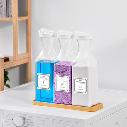 Laundry Detergent Dispenser,54OZ Laundry Soap Dispenser,Liquid Laundry Detergent Container,Fabric Softener Dispenser with Bamboo Wood Tray,Laundry Room Organizer with 4 Labels - color: White With Bamboo Tray