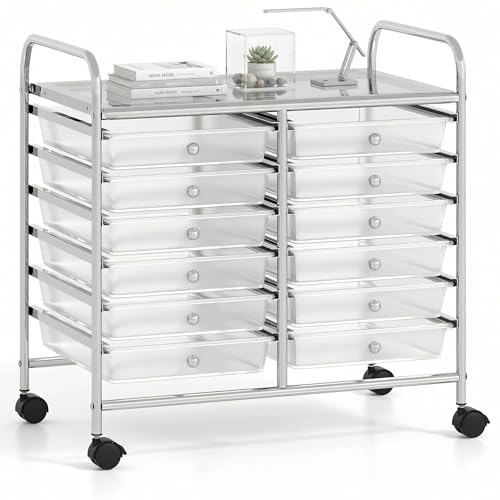 COSTWAY 12-Drawer Rolling Storage Cart, Utility Storage Organizer Cart for Tools, Scrapbook, Paper, Craft, Multipurpose Art Supply Organizer on Wheels for Home Office School, Teacher, Clear - color: Clear, size: 25"L x 15"W x 24.5”H (12 Drawer)