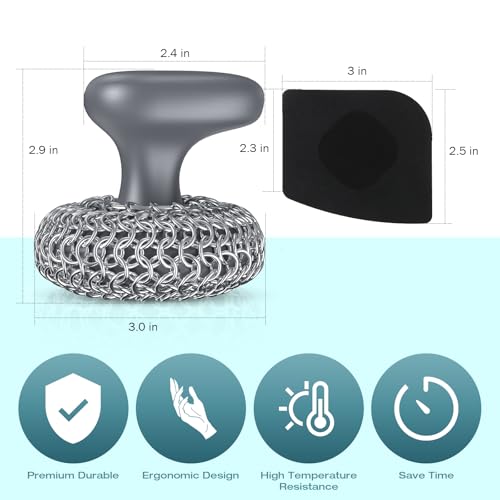 Cast Iron Scrubber | Dish Scrub Brush | 316 Cleaner Chainmail Scrubber for Cast Iron Pan Skillet Cleaner - Dish Scouring Pad Dishwasher Safe Cleaning Kit, Grey 02 - color: Gray