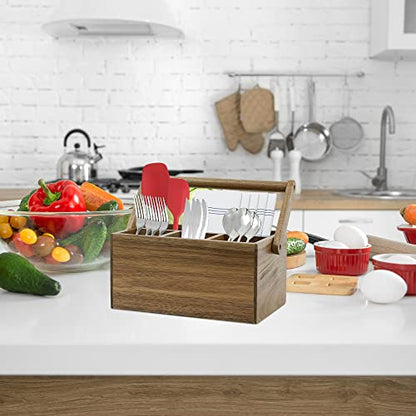 VaeFae Acacia Silverware Caddy with Handle, Wooden Utensil Holder, Mulip-pose Organizer for Kitchen, Office, Bathroom, Bedroom - size: Medium