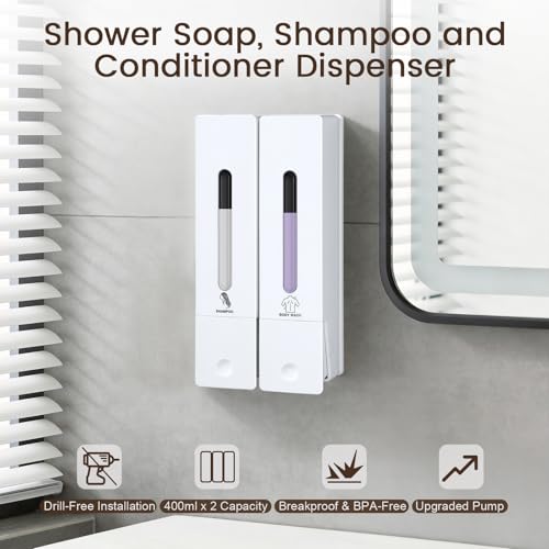 2 Chamber Shampoo and Conditioner Dispenser, No Drill - Wall Mounted Shower Soap Dispenser, Refillable Body Wash Dispenser Set 2, 800ML Capacity, for Bathroom & Hotel, White - color: White Set of 2
