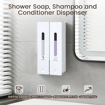 2 Chamber Shampoo and Conditioner Dispenser, No Drill - Wall Mounted Shower Soap Dispenser, Refillable Body Wash Dispenser Set 2, 800ML Capacity, for Bathroom & Hotel, White - color: White Set of 2