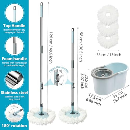 Spin Mop and Bucket with Wringer Set, 360° Spinning Mop Bucket System with 3 Microfiber Mop Replacement Heads and 50" Stainless Steel Adjustable Handle for Floor Cleaning - color: Blue-3