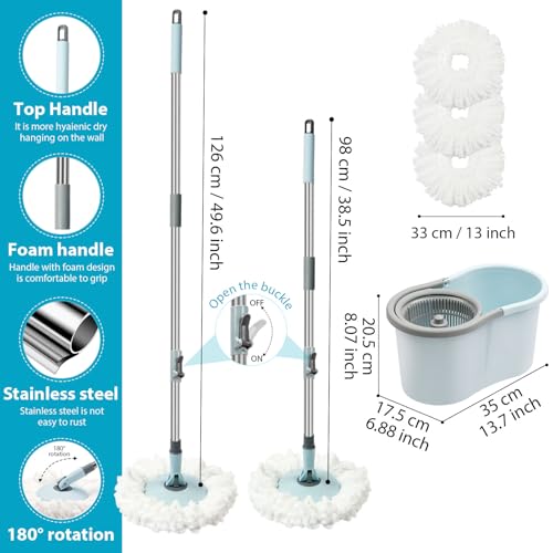 Spin Mop and Bucket with Wringer Set, 360° Spinning Mop Bucket System with 3 Microfiber Mop Replacement Heads and 50" Stainless Steel Adjustable Handle for Floor Cleaning - color: Blue-3