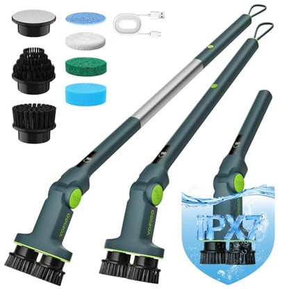Electric Cleaning Brush, Dual Head Power Brush Scrubber with Infrared Control, 8-in-1 Cordless Power Scrubber for Bathroom & Shower, Electric Scrubber with Adjustable Handle for Bathtub, Tile, Floor