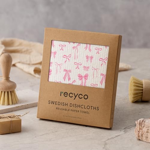 RECYCO Swedish Dishcloths for Kitchen | 6 Packs Lovely Bows Washable Dish Rags | Cellulose Reusable Cleaning Paper Towels | Absorbent Counter Dish Cloth Sponge Kitchen Wipes, 8" L x 7" W - color: Lovely Bows - 6 Pack