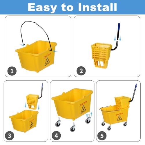 Side-Press Wringer Commercial Mop Bucket on Wheels, 35-Quart, Yellow Mop Bucket for Professional/Industrial/Business Heavy-Duty Floor Cleaning/Mopping