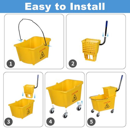 Side-Press Wringer Commercial Mop Bucket on Wheels, 35-Quart, Yellow Mop Bucket for Professional/Industrial/Business Heavy-Duty Floor Cleaning/Mopping