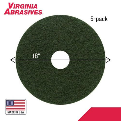 Virginia Abrasives 18" Green Floor Maintenance Pads - Heavy-Duty Non-Woven Pads for Deep Cleaning and Stripping for Orbital Machines, 5-Pack - size: 18"