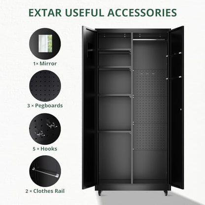 Metal Broom Closet, Garage Storage Cabinet, Tool Chest Bathroom Cabinet with Locking Doors and Wheels, 72" Tall Utility Cabinet with Hanging Rod, Freestanding Storage Cabinet for Cleaning Supplies