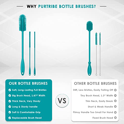 3-in-1 Silicone Bottle Brush and Straw Cleaning Brush Set, Water Bottle Cleaner for Narrow Neck Containers, Tumblers, Flask, Vase and Glassware (Turquoise) - color: Turquoise