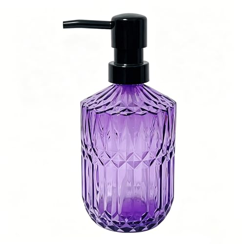 Purple Glass Soap Dispenser with Black Pump, 15oz Lotion Dish Dispenser | Refillable Liquid Hand Dispenser For Bathroom, Kitchen Countertop, Modern Home Decor and Hotel - color: Purple