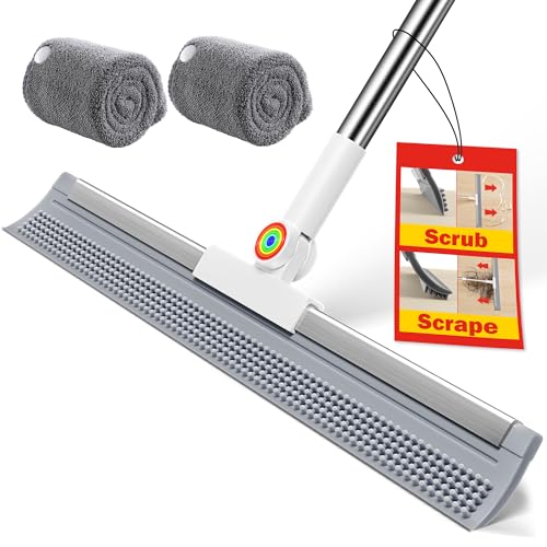Floor Squeegee with Long Handle, 180° Rotating Silicone Broom for Concrete & Tile Floors, Squeegee for Water Removal on Garage, Bathroom and Deck, Adjustable 35–62 in Handle, 2 Pads - size: 16in | 4-Section Pole (62in) | 2 Pads
