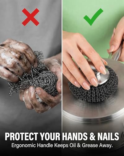 8 Pcs Steel Wool Scrubbers with 2 Pcs Handle,Stainless Steel Scouring Pads for Cast Iron Skillets, Grill & Kitchen Pots - Rust Resistant, Non-Splintering Heavy Duty for Tough Grease - color: 6 Pcs - 1