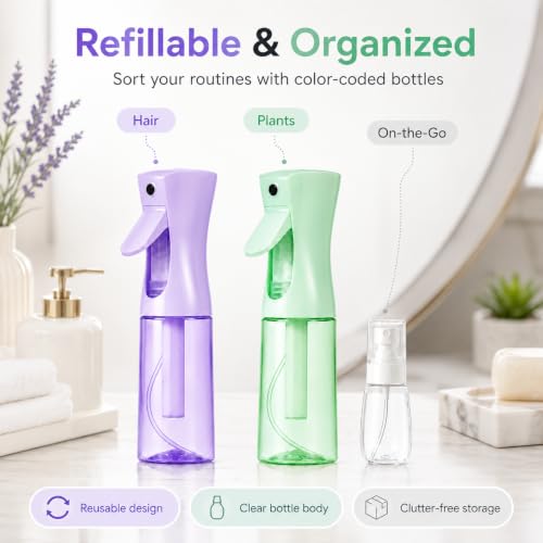 3 PCS Spray Bottles, 2-Pack Continuous Spray Bottles,Fine Water Mist Spray Bottles for Hair 6.8 OZ (200 ML) and 1oz 30ml Travel Spray Bottle Mister (Purple+Green) - color: Purple+Green