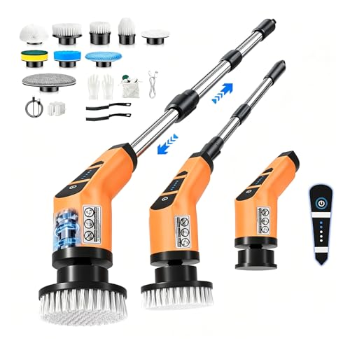 Electric Scrubber for Cleaning, Cordless Electric Spin Scrubber with 9 Replaceable Brush Heads, 2 Speed Adjustable Handle, IPX7 Waterproof Shower Scrubber for Bathroom, Tub, Tile, Floor... (Orange) - color: Orange