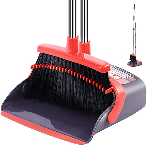 Broom with Dustpan Combo Set Broom and Dustpan Set Dust Pan with Stainless Steel Long Handle, Brooms with 5-Layer Soft Bristles for Sweeping Office Kitchen Home Pet Hair Lobby - color: Purple&red