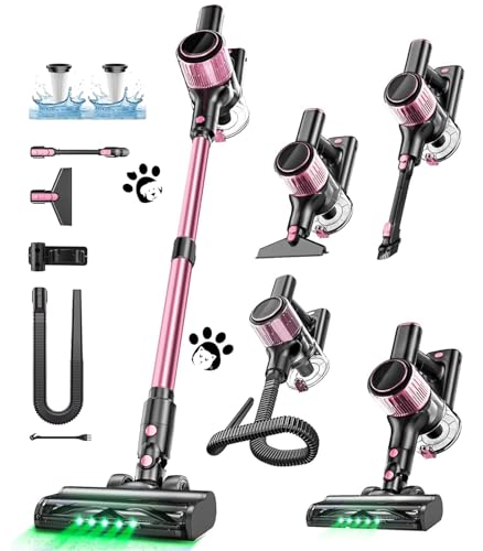 Cordless Vacuum Cleaner, 10 in 1 Stick Vacuum with Powerful Suction, Hose, Green LED Light, Anti-Tangle Brush, Lightweight Rechargeable Vacuum Cleaner for Home, Hardwood Floors, Carpets, Pet Hair,Pink - color: Pink