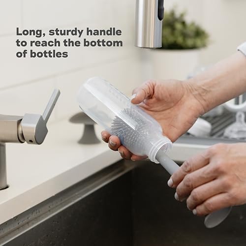 ezpz Bottle Brush (Gray) - Odor-Resistant Silicone Cleaning Tool with Long Sturdy Handle and Suction Base - Flexible Top for Tight Spaces - Gently Cleans Cups, Glasses, Bottles and Accessories - color: Gray