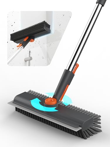 Floor Scrub Brush with Long Handle, 3 in 1 Multi-angle Swivel Right Angled Bristle Floor Scrubber Brush with Squeegee and Tweezer for Cleaning Tile Wall Deck Bathroom Patio Garage Kitchen (Grey) - color: Gray