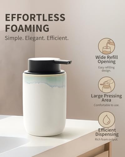 BosilunLife Hand Soap Dispenser - Foam Soap Dispenser Bathroom Ceramic Dish Liquid Soap Dispenser for Kitchen, Bathroom Countertop Soap Dispensers (White with Blue-Green Rim Foam Pump) - color: White With Blue-green Rim Foam Pump