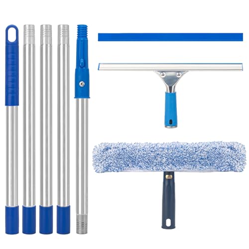 Window Squeegee with Scrubber for Home and Outdoor Glasses Cleaning, 6 Ft Long Handle 2 in 1 Professional Window Washing Kit with Replacement Rubber Blade, Car Windshield Cleaner Tool
