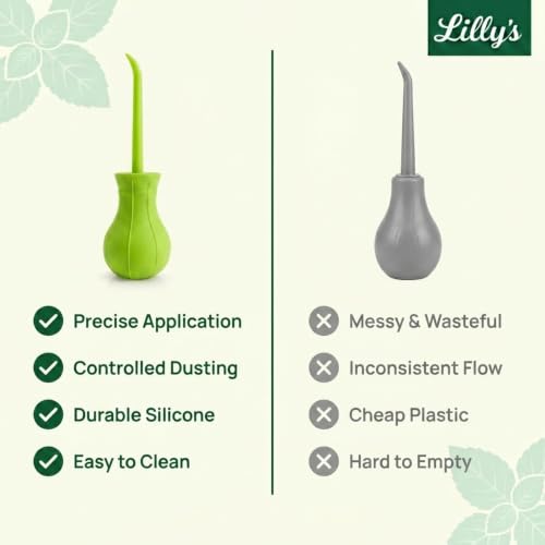 Diatomaceous Earth Applicator Duster, Refillable Powder Duster Bulb for Garden, Plants, Coops & Home, Multi-Purpose Hand Powder Dispenser with Angled Tip for DE & Dry Powders | Lilly's Naturals