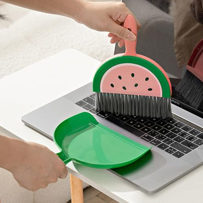 Mini Dustpan and Broom Set Compact Watermelon Lemon Small Hand Dustpan and Brush Kit Cute Fruit Shape Table Crumb Sweeper Cleaning Tools for Desk, Countertop, Sofa, Key Board Office, Kitchen (Green) - color: Green