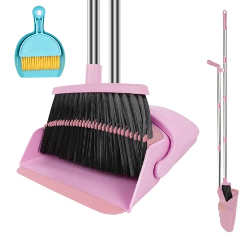 Broom with Dustpan Set & Mini Hand Broom and Dustpan, Pink 51" Long Handle Upright Cleaning Combo with Self-Cleaning Teeth for Pet Hair, Home, Kitchen, Office - color: Pink, size: Normal