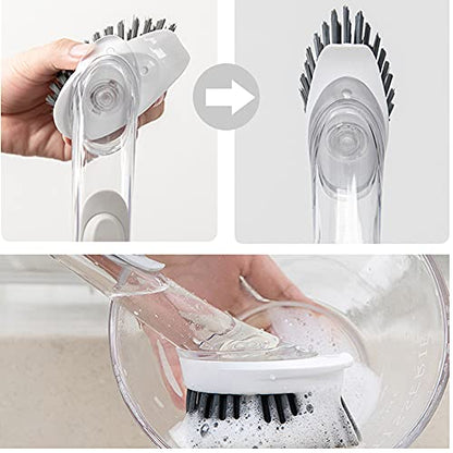 Soap Dispensing Dish Brush with 4 Replaceable Heads, Updated No Leaking Soap Dish Scrubber Soap Dispenser, Kitchen Dish Brush with Soap Dispenser for Pot Pan Sink Cleaning(Light Gray)