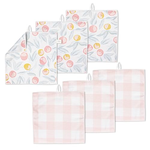 ELYN Microfiber Kitchen Dish Cloth Set, Quick-Dry & Absorbent Waffle Weave Cleaning Towels, Set of 6 Wash Cloths, Paper Towels & Sponge Alternative (Oranges & Gingham) - color: Oranges & Gingham, style: Dish Cloth - 6 Pack