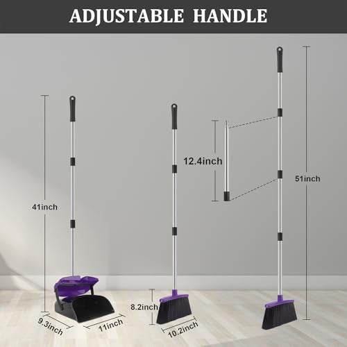 Broom and Dustpan Set, 51" Long Handle Broom with Dustpan Combo Set, Windproof and Self-Cleaning Teeth, Purple Household Dust Pan Set Sweep Kitchen Office Lobby Pet Room - color: Purple