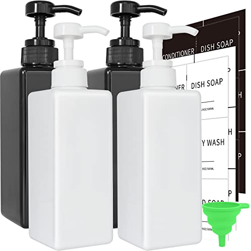 Soap Dispenser with Waterproof Labels, Thickened Plastic Hand Soap Dispenser for Bathroom, Kitchen Dish Washing Liquid Bottles, Shampoo and Conditioner Bottles with Funnel (16oz 4Pack Black White) - color: 2 Black + 2 White