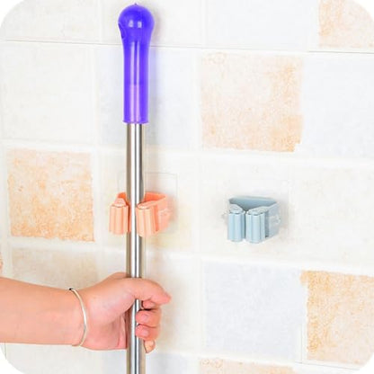 Broom And Mop Holder Clip 4 Pcs Mop Broom Wall Mounted Heavy Duty With Plastic Hooks Hanger No Drilling Mop Gripper For Home Bathroom Kitchen (pink) - color: pink