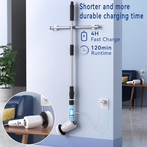 Electric Spin Scrubber，Upgrade Electric Spin Cordless Tub and Tile Scrubber w/ Adjustable Extension Arm，3 Speed 7 Replaceable Cleaning Heads，Power Spin Scrubbers Cleaning Bathroom，Floor，Car