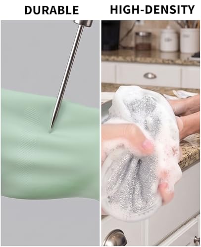 3PCS Dishwashing Cleaning Gloves + 3PCS Wire Dish Rags Set - Long Cuff Reusable Rubber Gloves & Non-Scratch for Kitchen, Cleaning, Gardening - Waterproof, Tear-Resistant