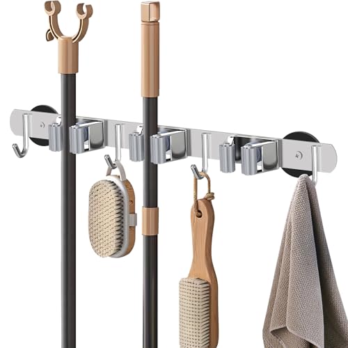 KIBBEH Heavy-Duty Magnetic Storage Rack for Brooms and Mops, Wall-Mounted Non-Slip Holder, Strong Magnetic Hooks for Hanging Tools