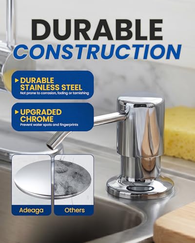 Built in Kitchen Sink Soap Dispenser: Stainless Steel Pump Head with 17 Ounce Large Soap Bottle, Easy Top Refill Design – No Bending Down for Countertop, Chrome - color: Chrome